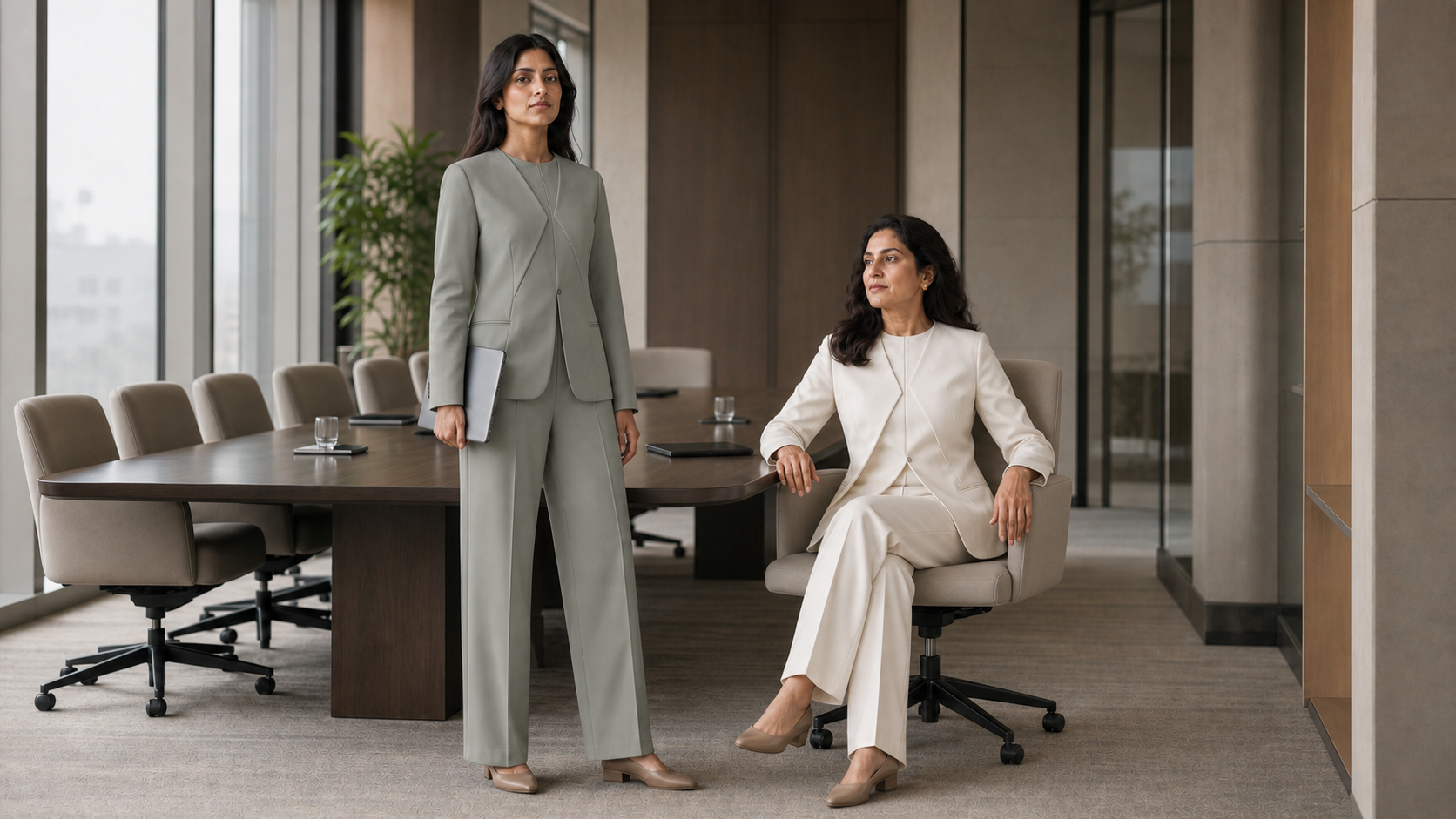 A younger professional standing in Quiet Sage and a senior professional seated in First Light in a meeting room