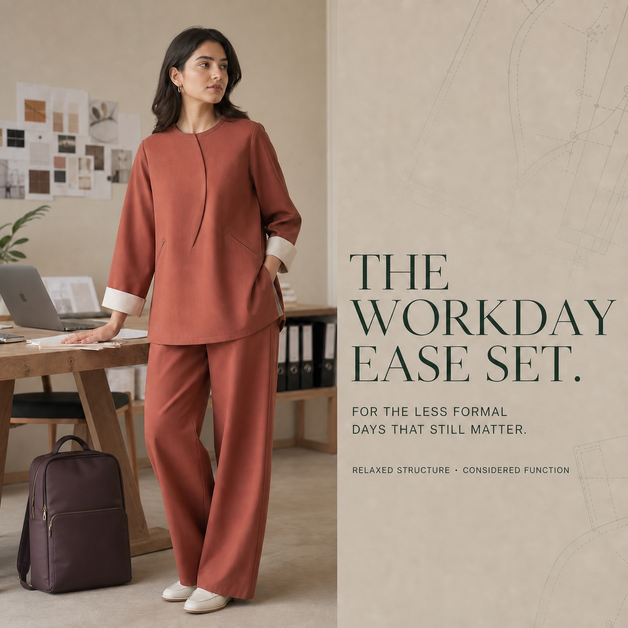A young Pakistani professional wearing the Burnished Clay Workday Ease Set with ivory loafers and a deep plum work backpack